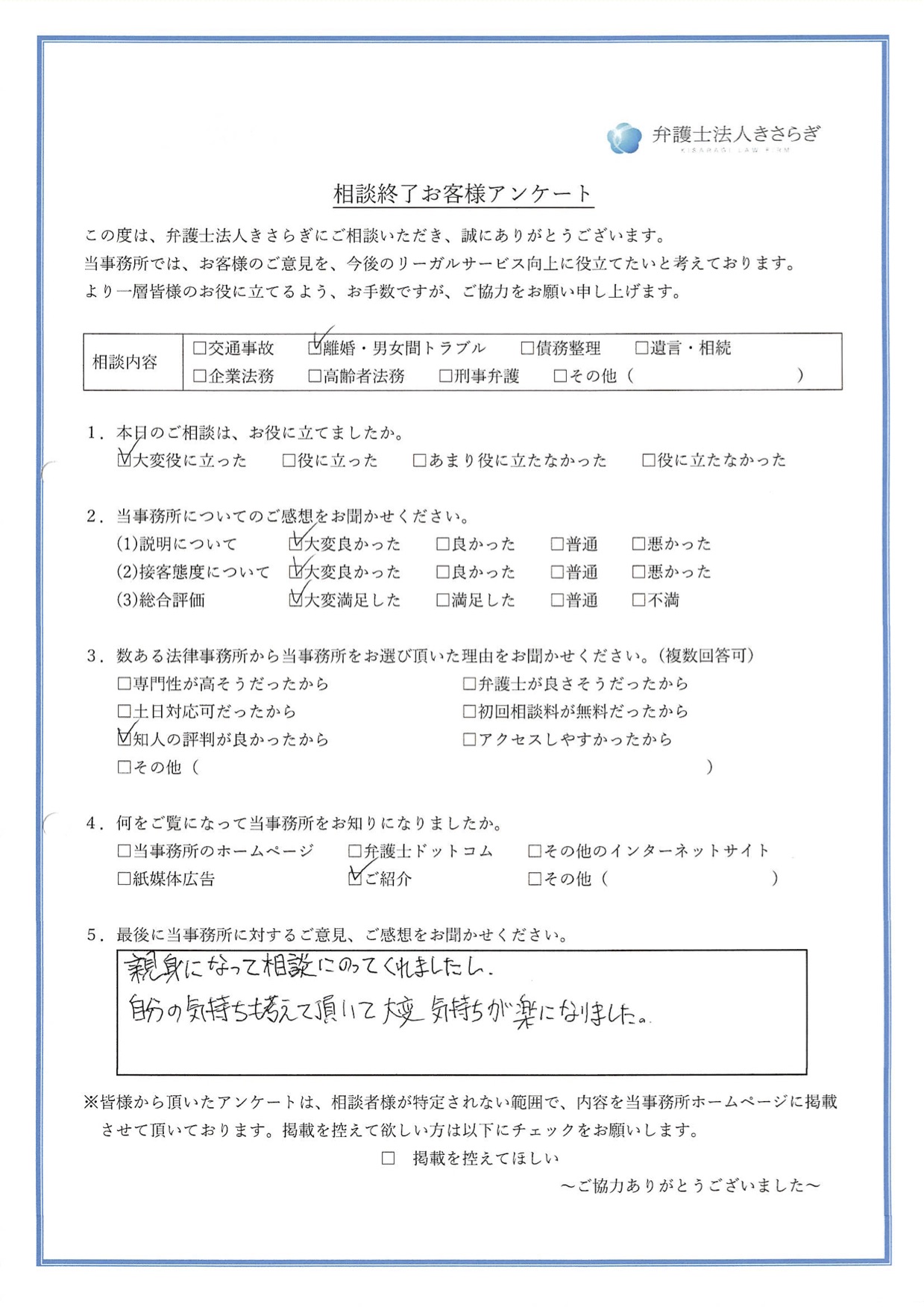 親身になって相談にのってくれましたし、自分の気持ちも考えて頂いて、大変気持ちが楽になりました