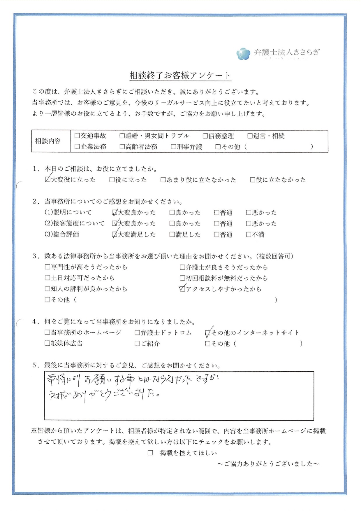 事情によりお願いする事にはならなかったですが、対応ありがとうございました