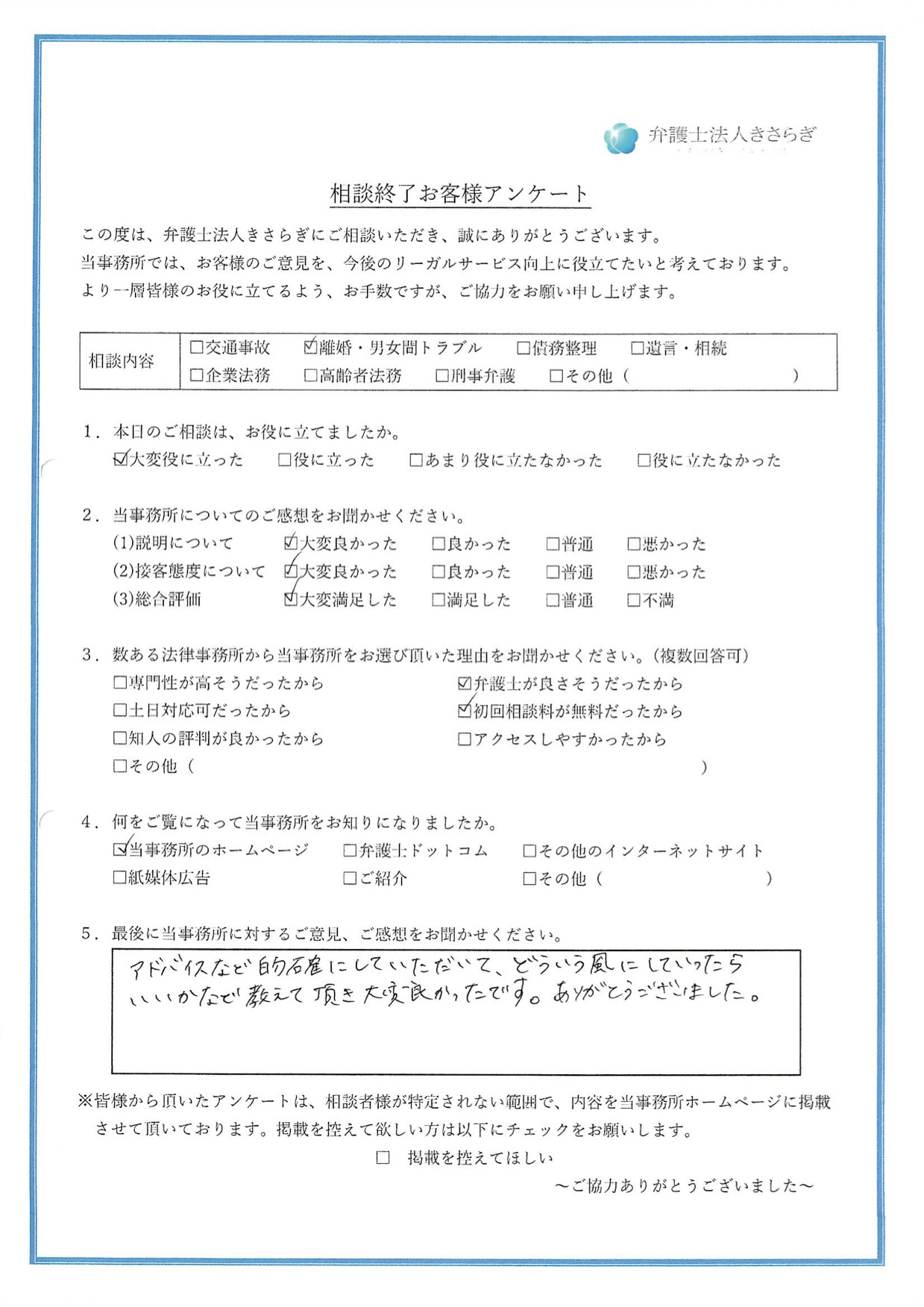 アドバイスなど的確にしていただいて、どういう風にしていったらいいかなど教えて頂き大変良かったです。ありがとうございました