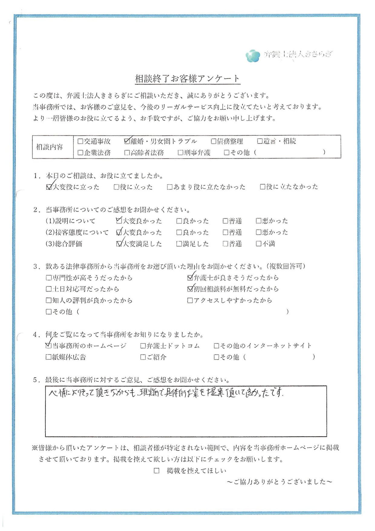 心情によりそって頂きながらも、現実的で具体的な案を提案頂いて良かったです