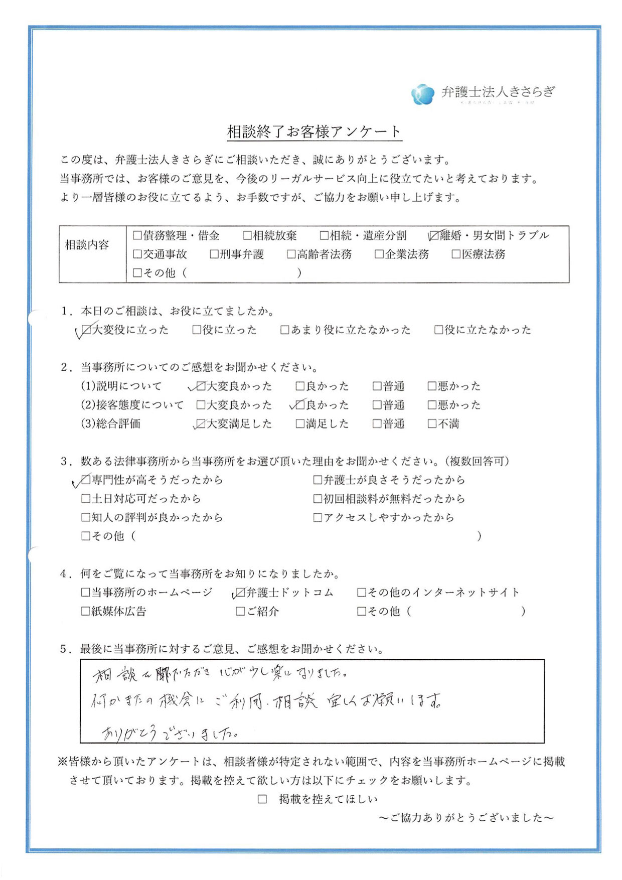 相談を聞いていただき心が少し楽になりました。何かまたの機会にご利用・相談宜しくお願いします。ありがとうございました