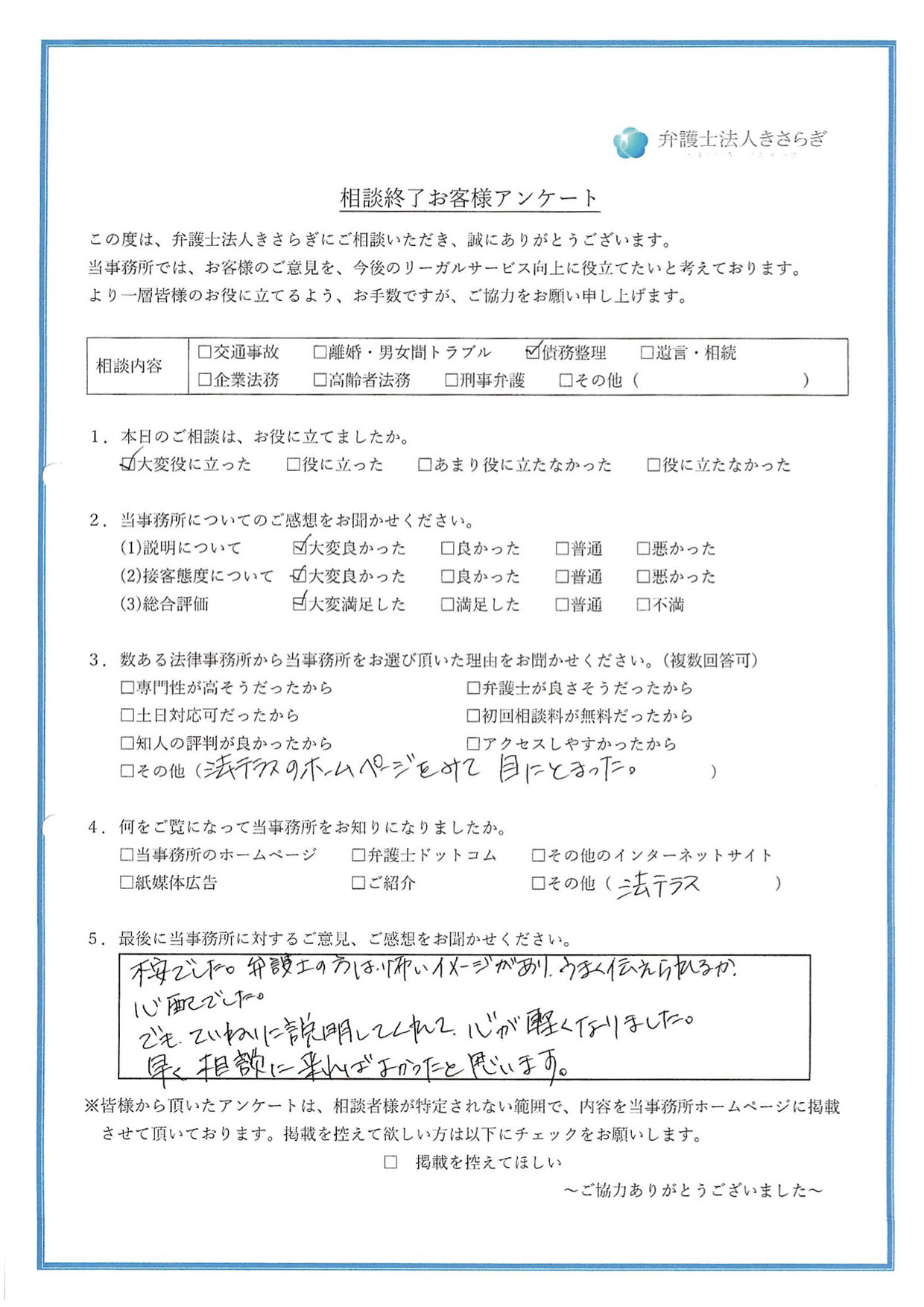 不安でした。弁護士の方は怖いイメージがあり、うまく伝えられるか心配でした。でも、ていねいに説明してくれて、心が軽くなりました。早く相談に来ればよかったと思います