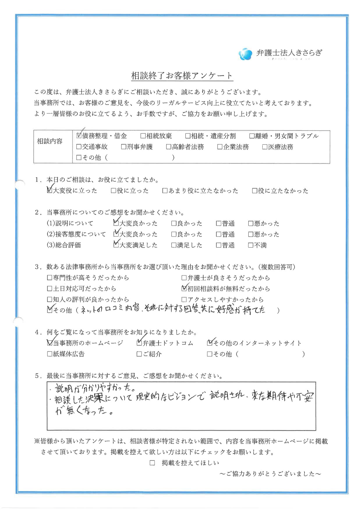 説明が分かりやすかった。相談した結果について現実的なビジョンで説明され、変な期待や不安が無くなった