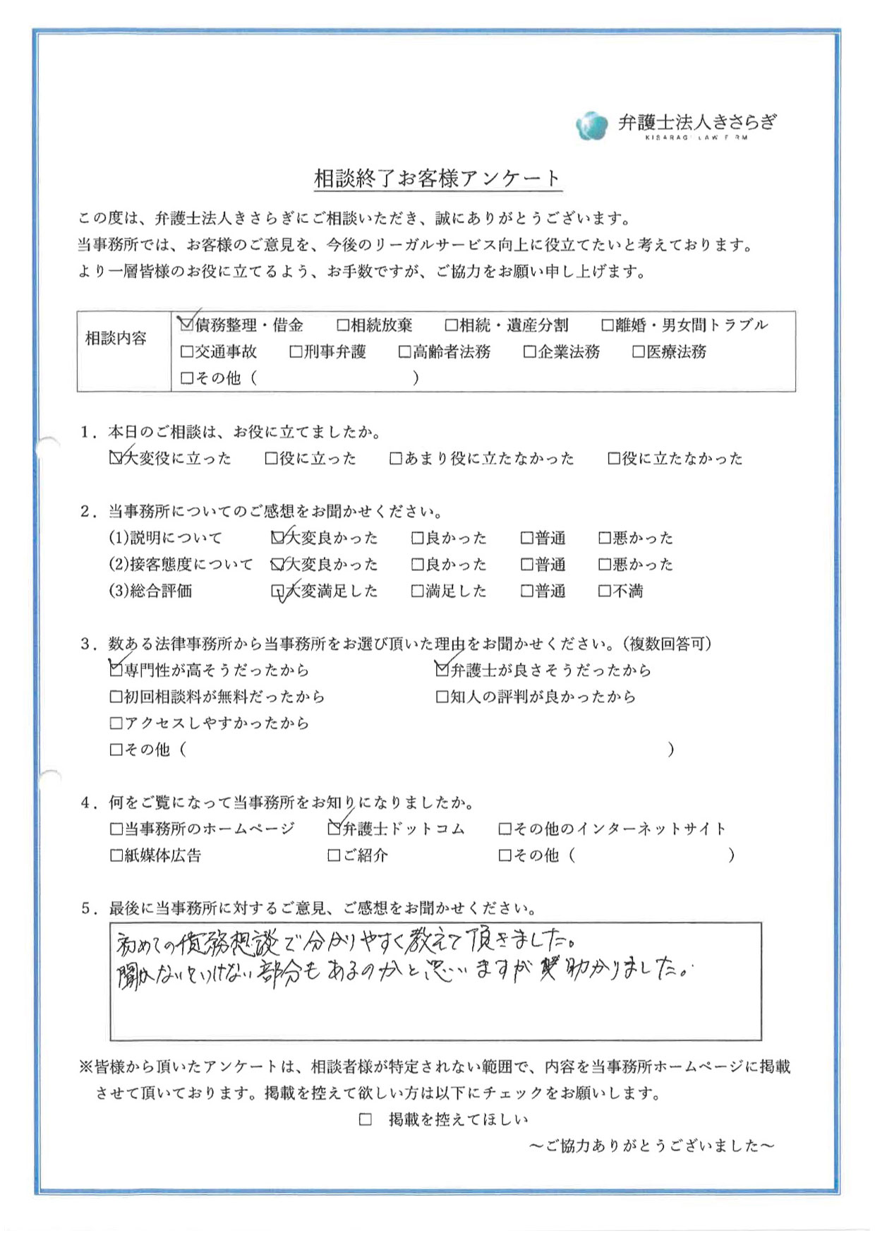 初めての債務相談で分かりやすく教えて頂きました。聞かないといけない部分もあるのかと思いますが助かりました