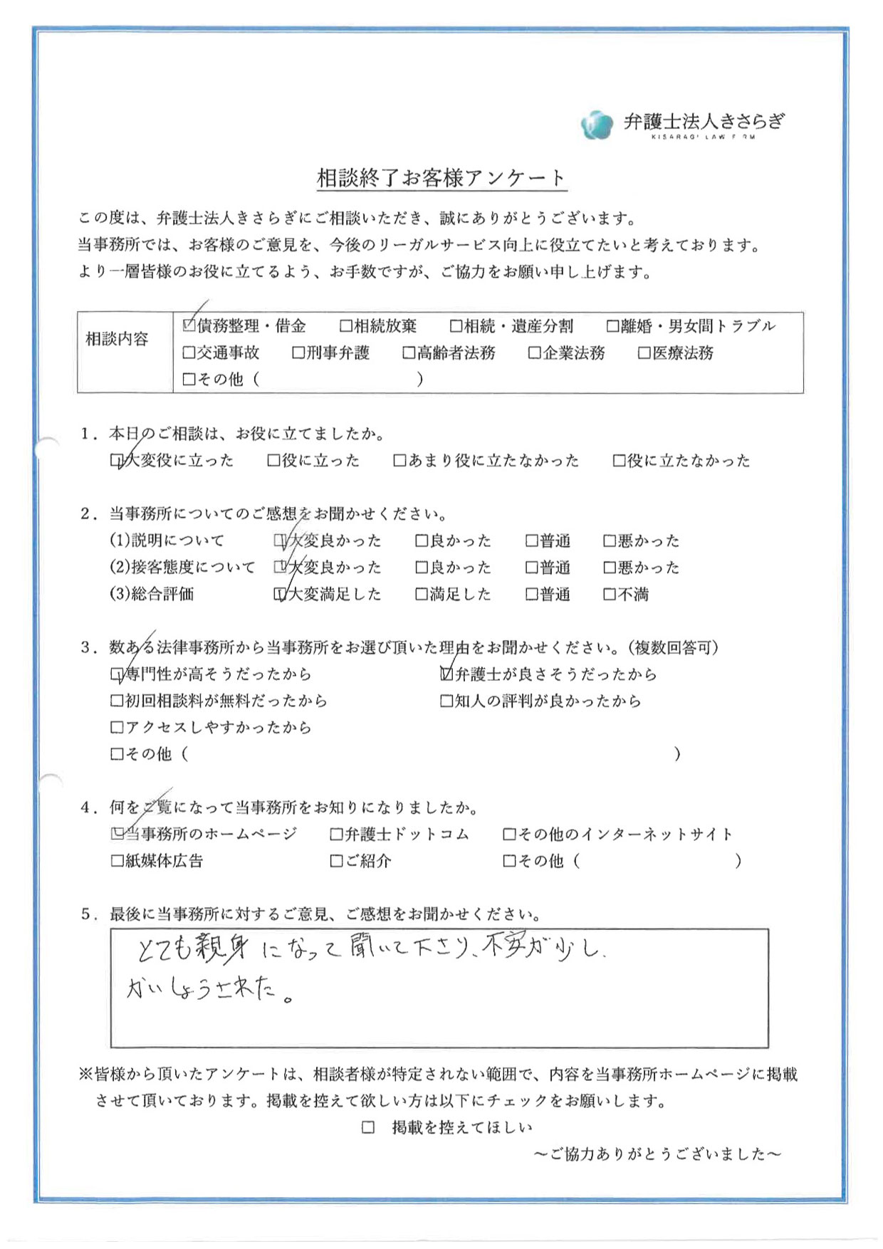 とても親身になって聞いて下さり、不安が少し解消された