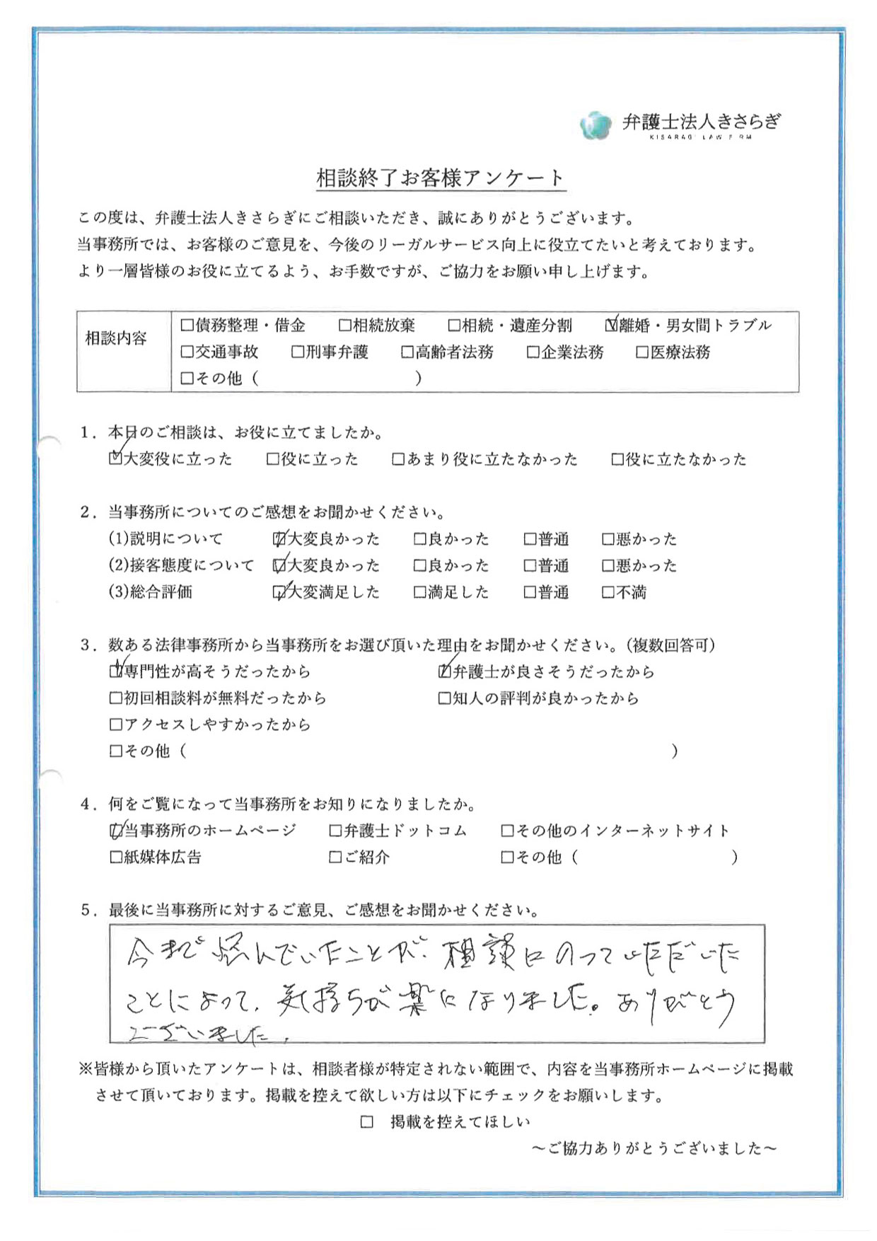 今まで悩んでいたことが、相談にのっていただいたことによって、気持ちが楽になりました。ありがとうございました