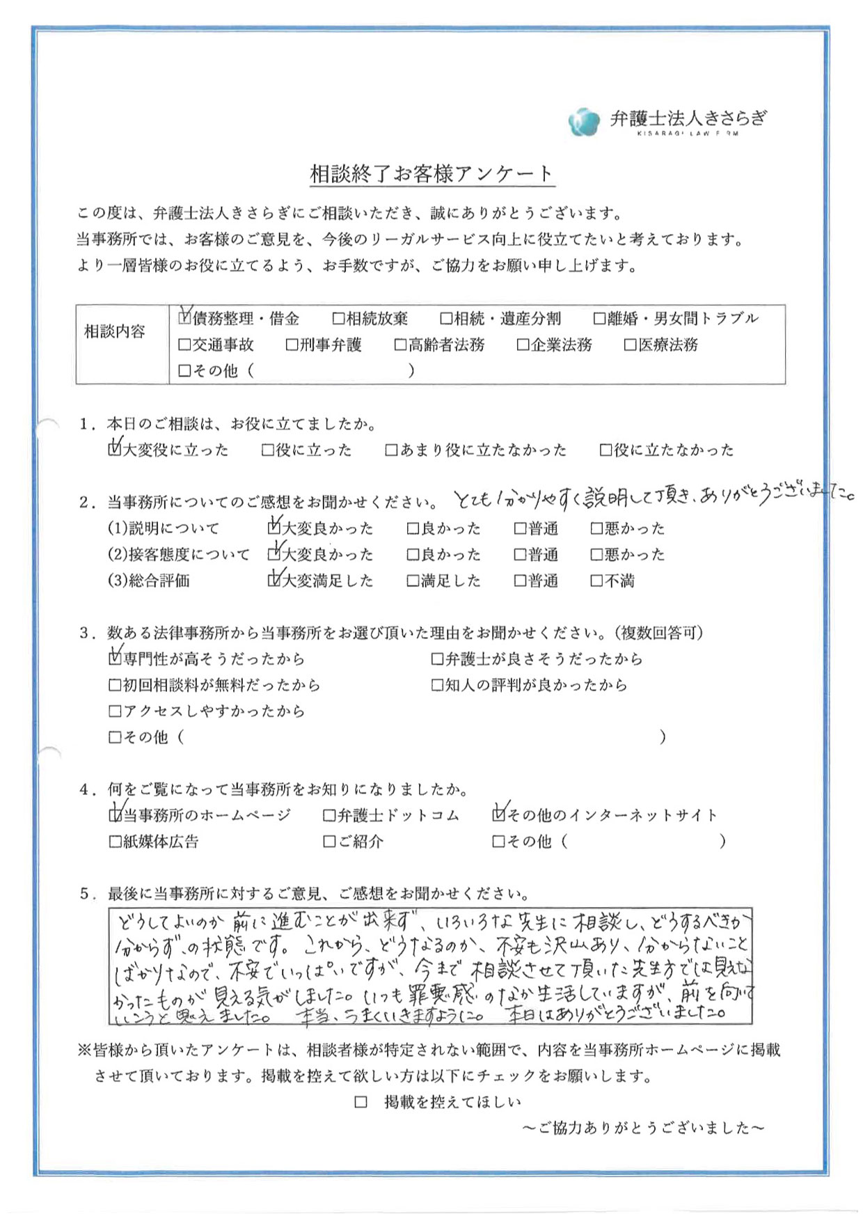 これからどうなるのか、不安も沢山あり、分からないことばかりなので不安でいっぱいですが、今まで相談させて頂いた先生方では見えなかったものが見える気がしました。いつも罪悪感のなか生活していますが、前を向いていこうと思えました。