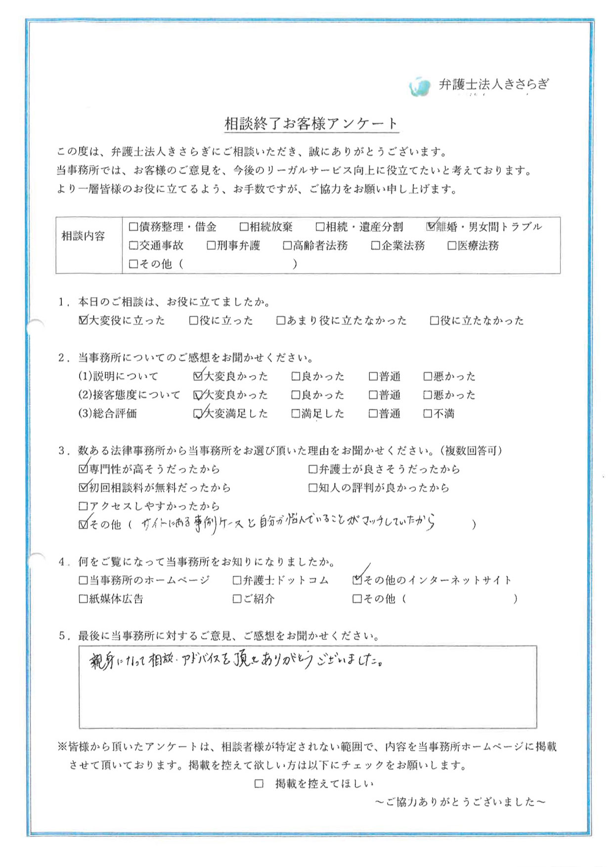 親身になって相談、アドバイスを頂きありがとうございました