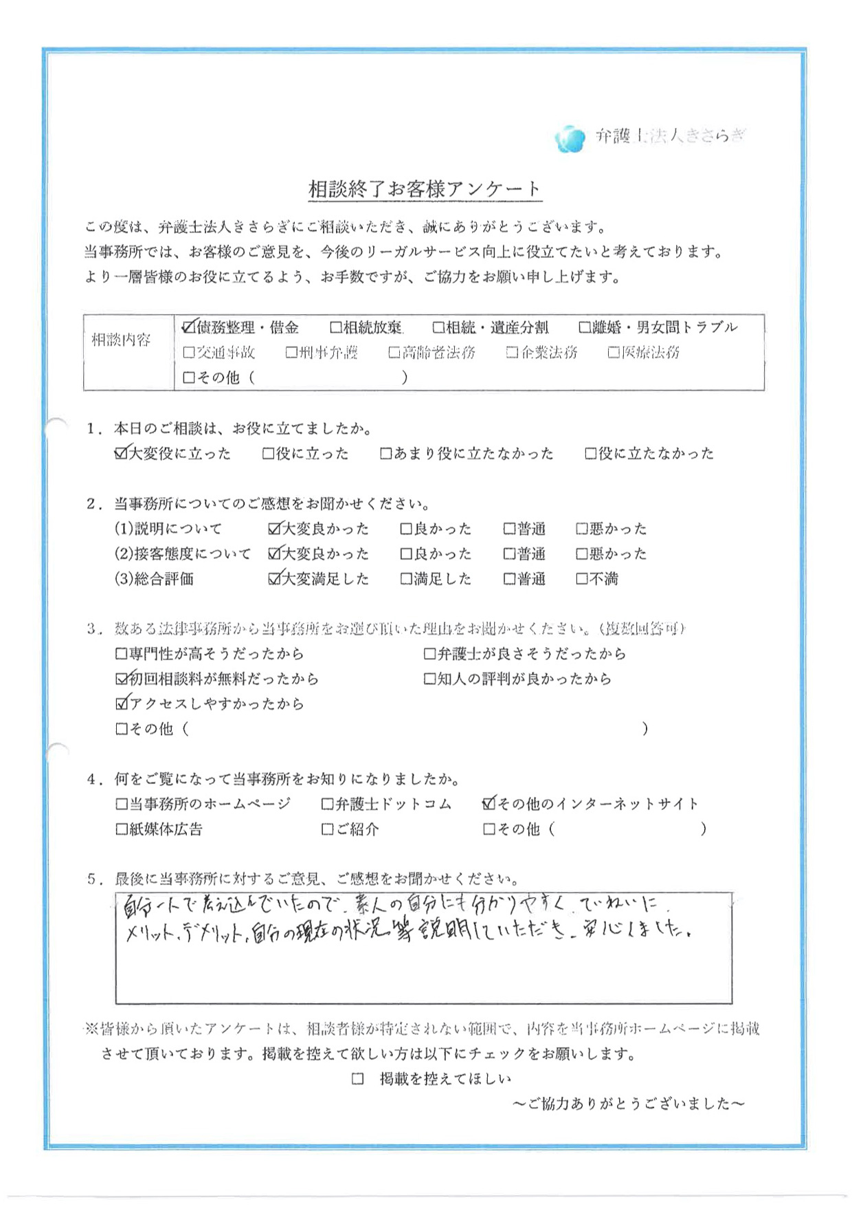 自分一人で考え込んでいたので、素人の自分にも分かりやすく、ていねいに、メリット・デメリット、自分の現在の状況等説明していただき、安心しました