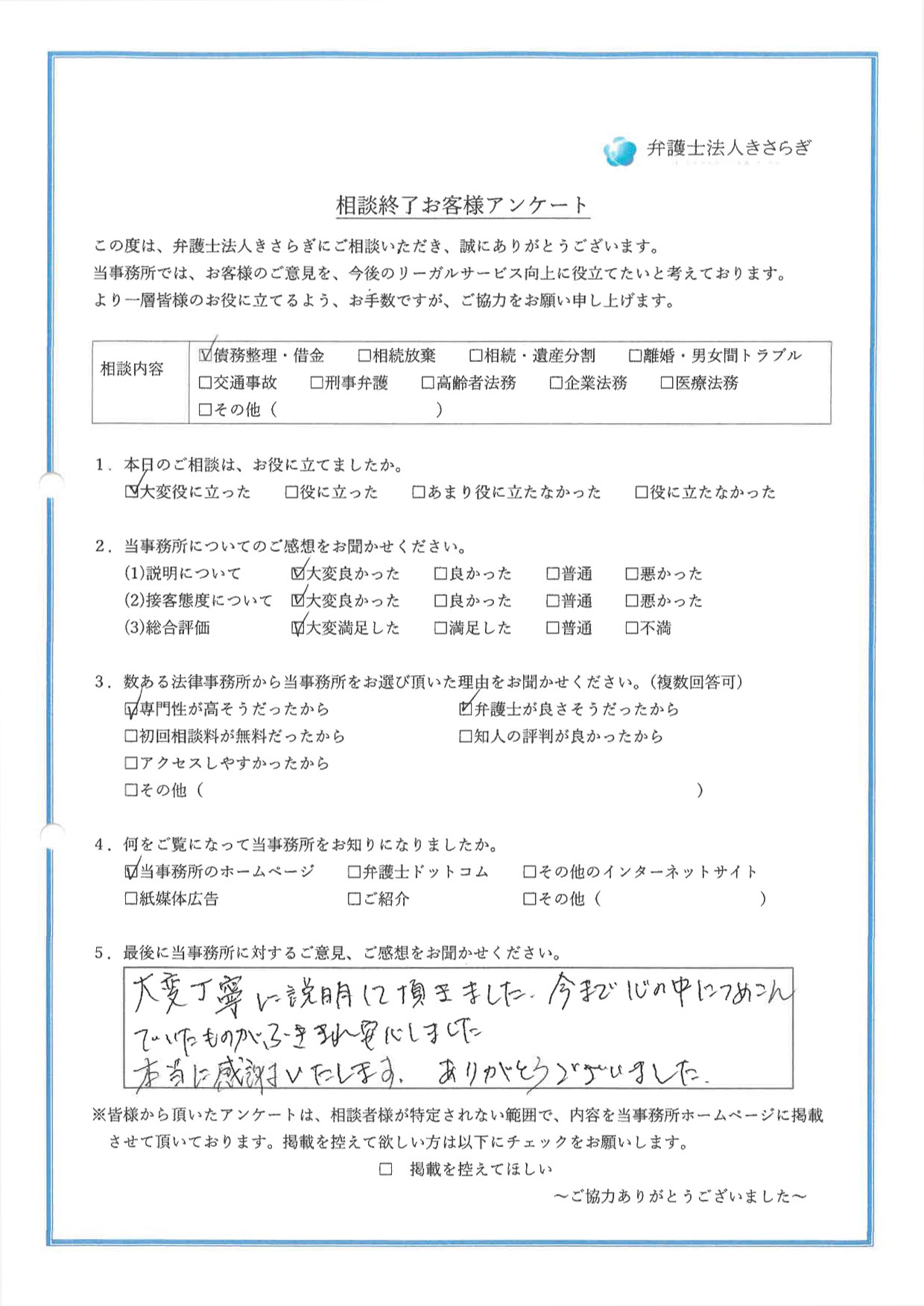 大変丁寧に説明して頂きました。今まで心の中につめこんでいたものがふききれ安心しました。本当に感謝いたします。ありがとうございました