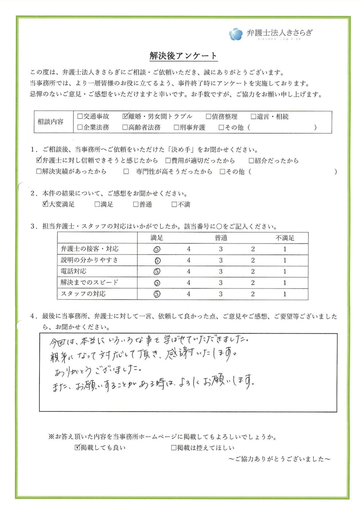 本当にいろいろな事を学ばせていただきました。親身になって対応して頂き、感謝いたします