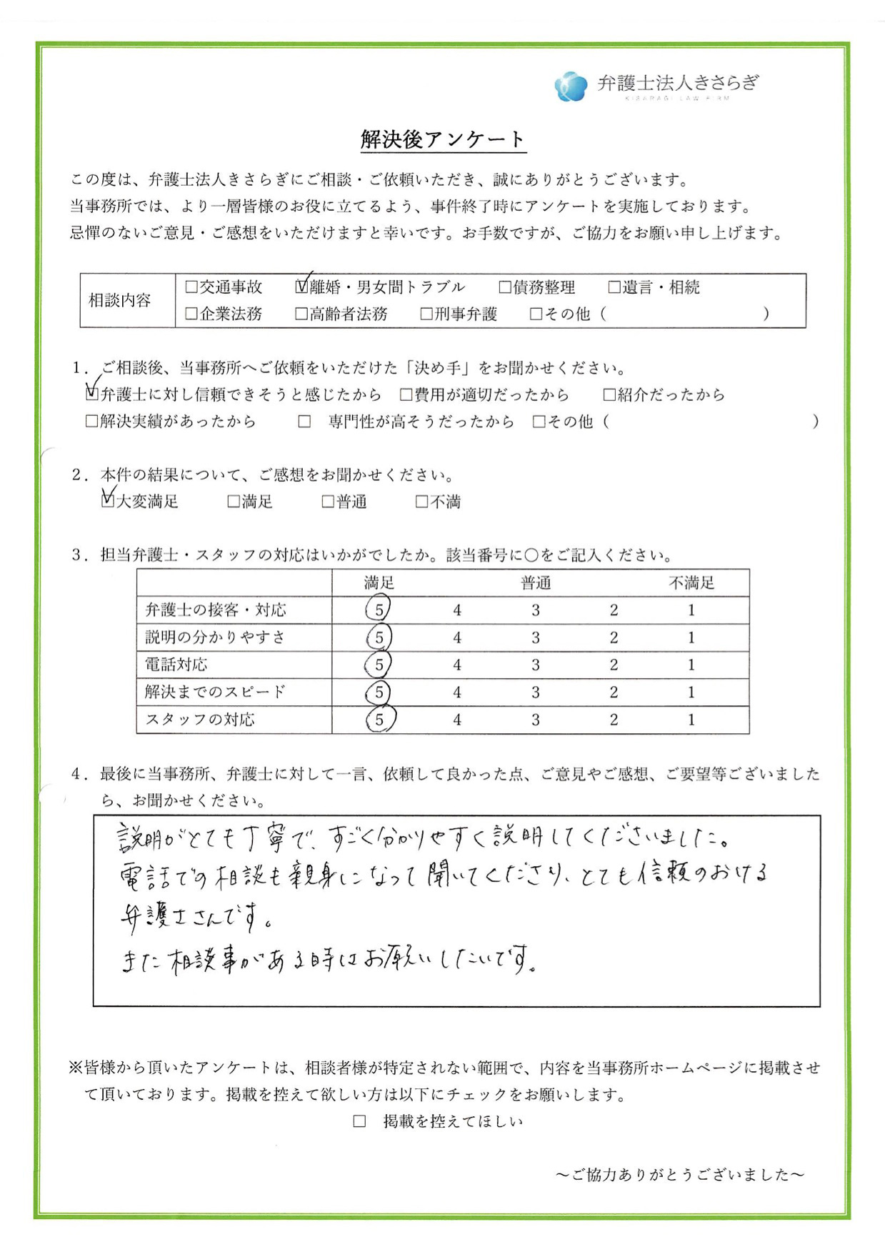 説明がとても丁寧で、すごく分かりやすく説明してくださいました。電話での相談も親身になって聞いてくださり、とても信頼のおける弁護士さんです。また相談事がある時はお願いしたいです