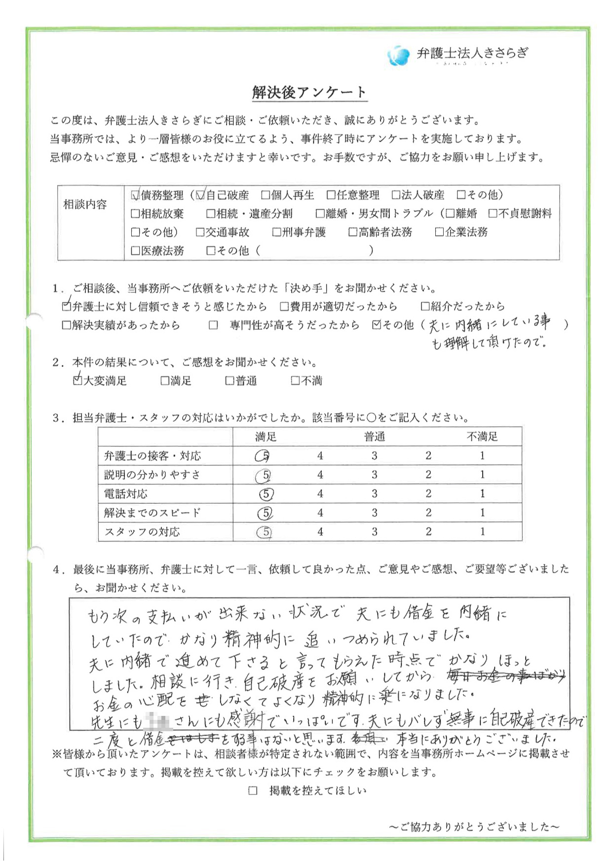 もう次の支払いが出来ない状況で、夫にも借金を内緒にしていたので、夫に内緒で進めて下さると言ってもらえた時点で、かなりほっとしました。相談に行き、自己破産をお願いしてから、お金の心配をしなくてよくなり精神的に楽になりました。本当にありがとうございました