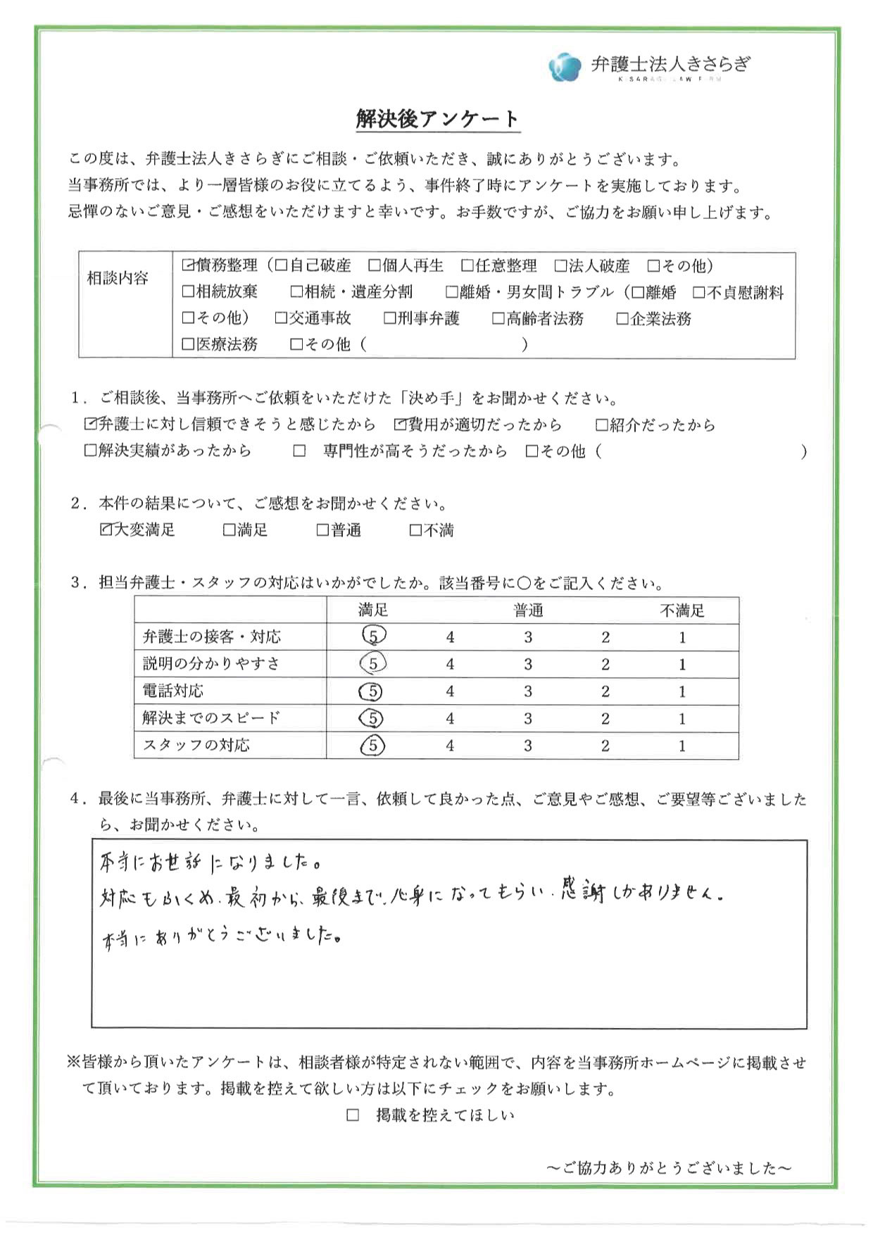 本当にお世話になりました。対応もふくめ、最初から最後まで親身になってもらい、感謝しかありません。本当にありがとうございました