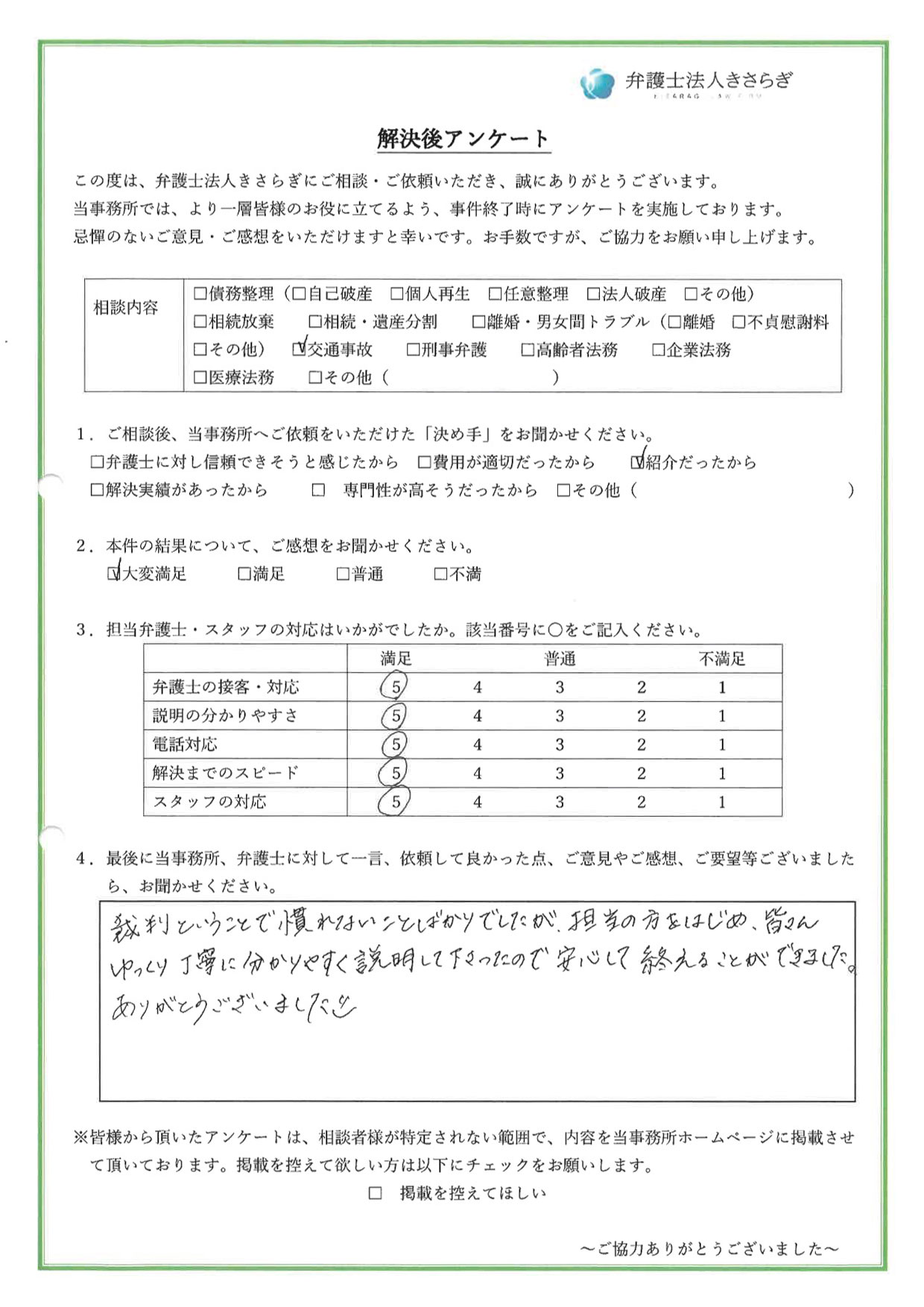 裁判ということで慣れないことばかりでしたが、担当の方をはじめ、皆さんゆっくり丁寧に分かりやすく説明して下さったので安心して終えることができました。ありがとうございました