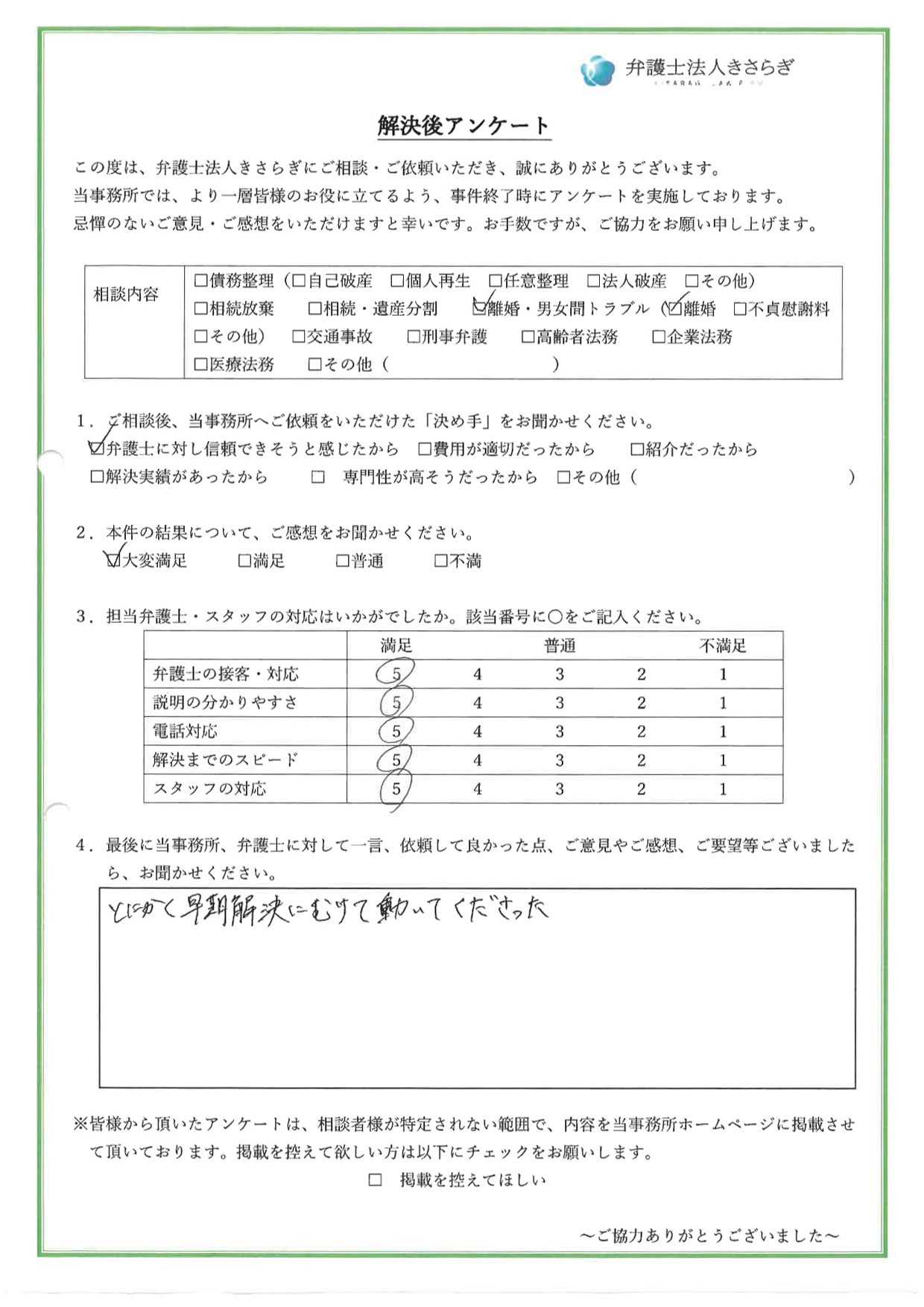 とにかく早期解決にむけて動いてくださった