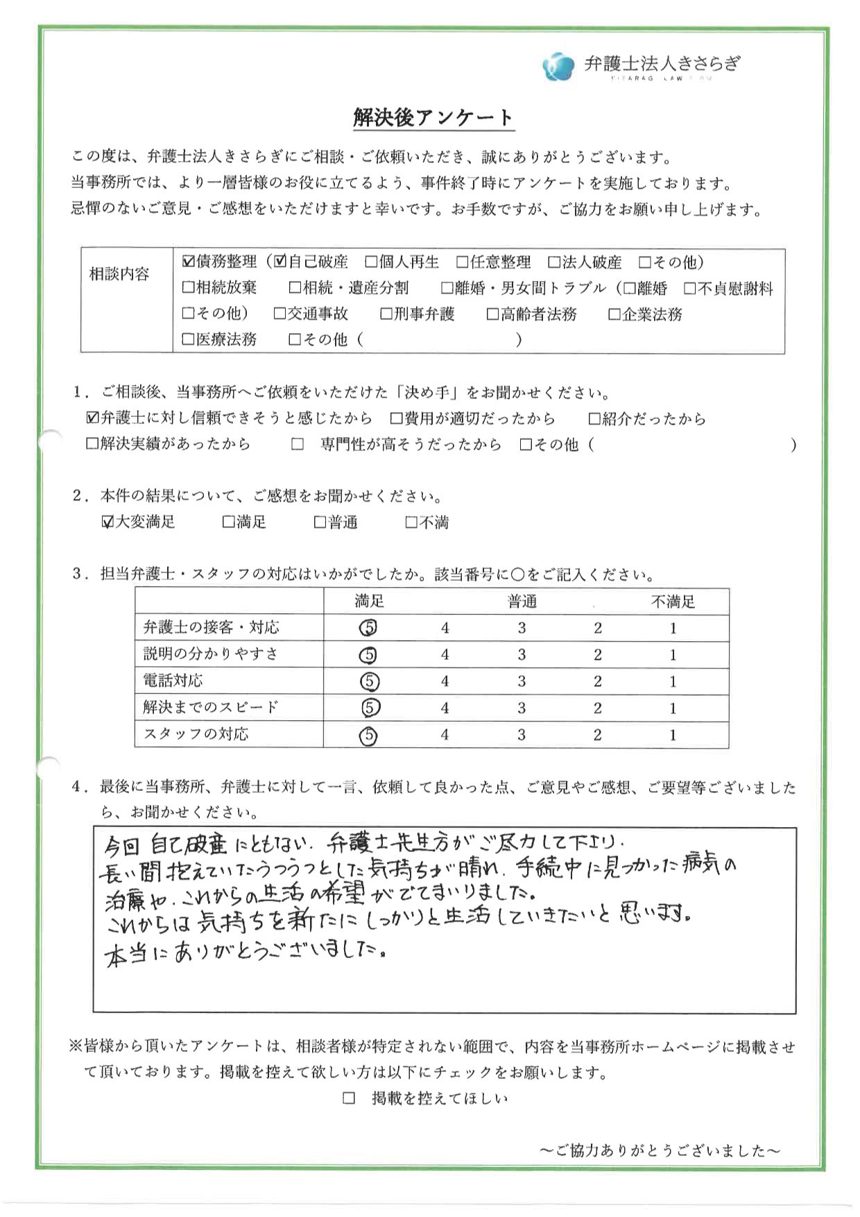 今回自己破産にともない、弁護士先生方がご尽力して下さり、長い間抱えていたうつうつとした気持ちが晴れ、手続中に見つかった病気の治療や、これからの生活の希望がでてまいりました。これからは気持ちを新たにしっかりと生活していきたいと思います。本当にありがとうございました