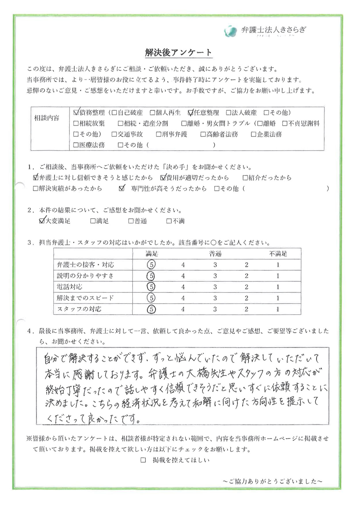 自分で解決することができず、ずっと悩んでいたので解決していただいて本当に感謝しております。弁護士の大橋先生やスタッフの方の対応が終始丁寧だったので話しやすく信頼できそうだと思いすぐに依頼することに決めました。こちらの経済状況を考えて和解に向けた方向性を提示してくださって良かったです