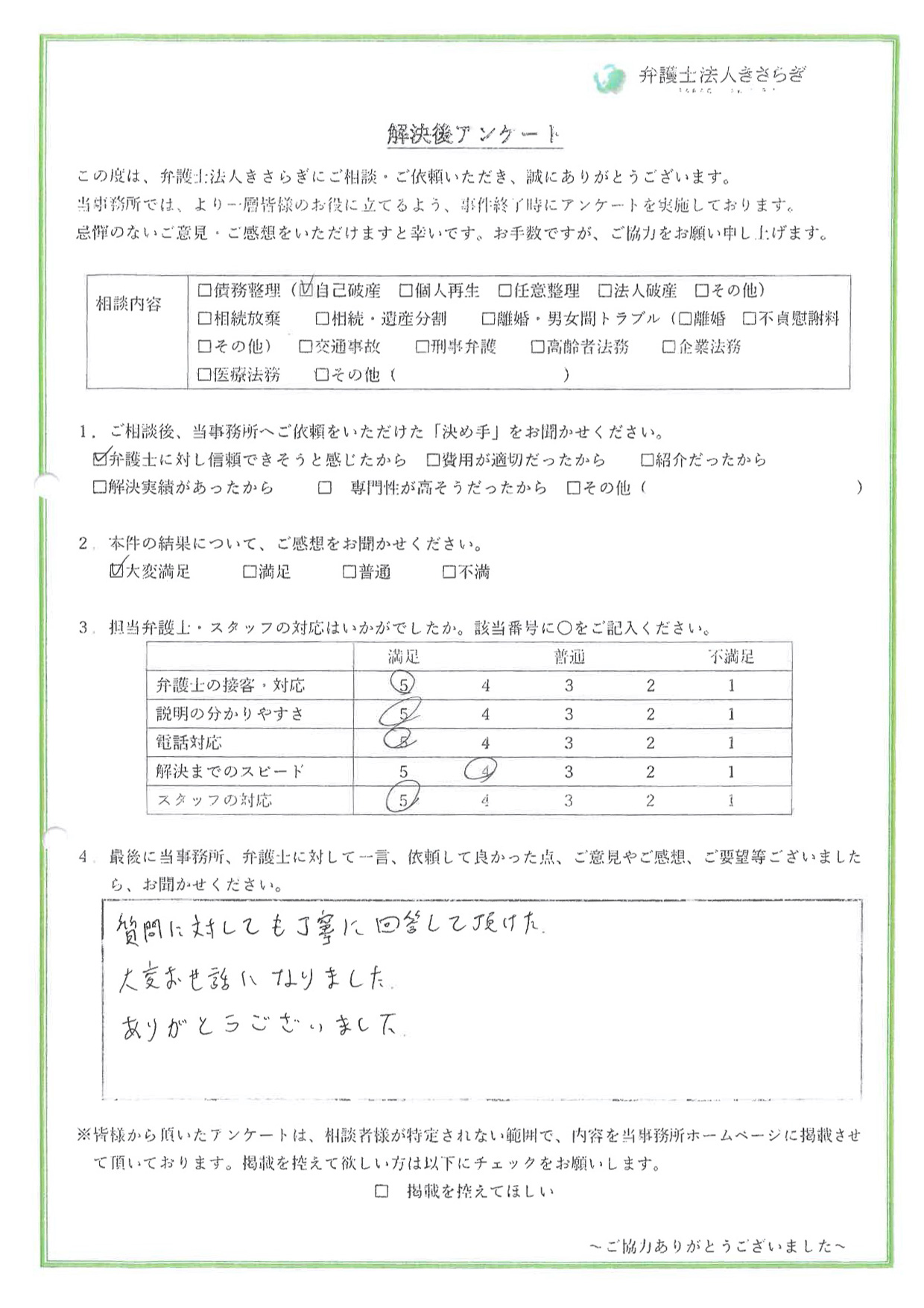 質問に対しても丁寧に回答して頂けた。大変お世話になりました。ありがとうございました