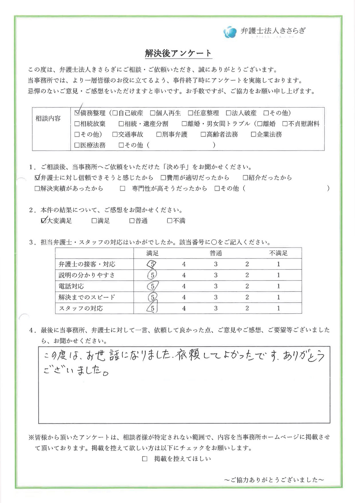 この度は、お世話になりました。依頼してよかったです。ありがとうございました