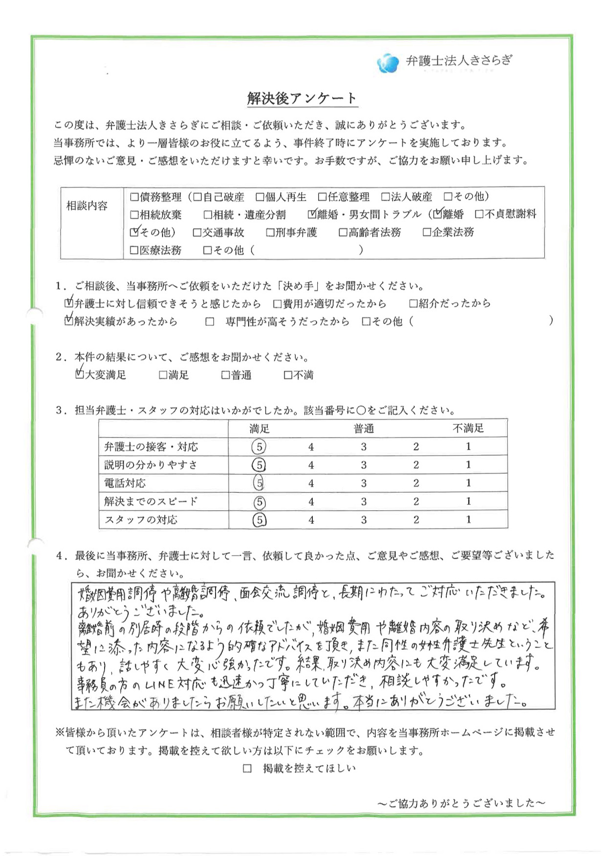 婚姻費用調停や離婚調停、面会交流調停と、長期にわたってご対応いただきました。ありがとうございました。離婚前の別居時の段階からの依頼でしたが、婚姻費用や離婚内容の取り決めなど、希望に添った内容になるよう的確なアドバイスを頂き、また同性の女性弁護士先生ということもあり、話しやすく大変心強かったです。結果、取り決め内容にも大変満足しています。事務員の方のLINE対応も迅速かつ丁寧にしていただき、相談しやすかったです。また機会がありましたらお願いしたいと思います。本当にありがとうございました