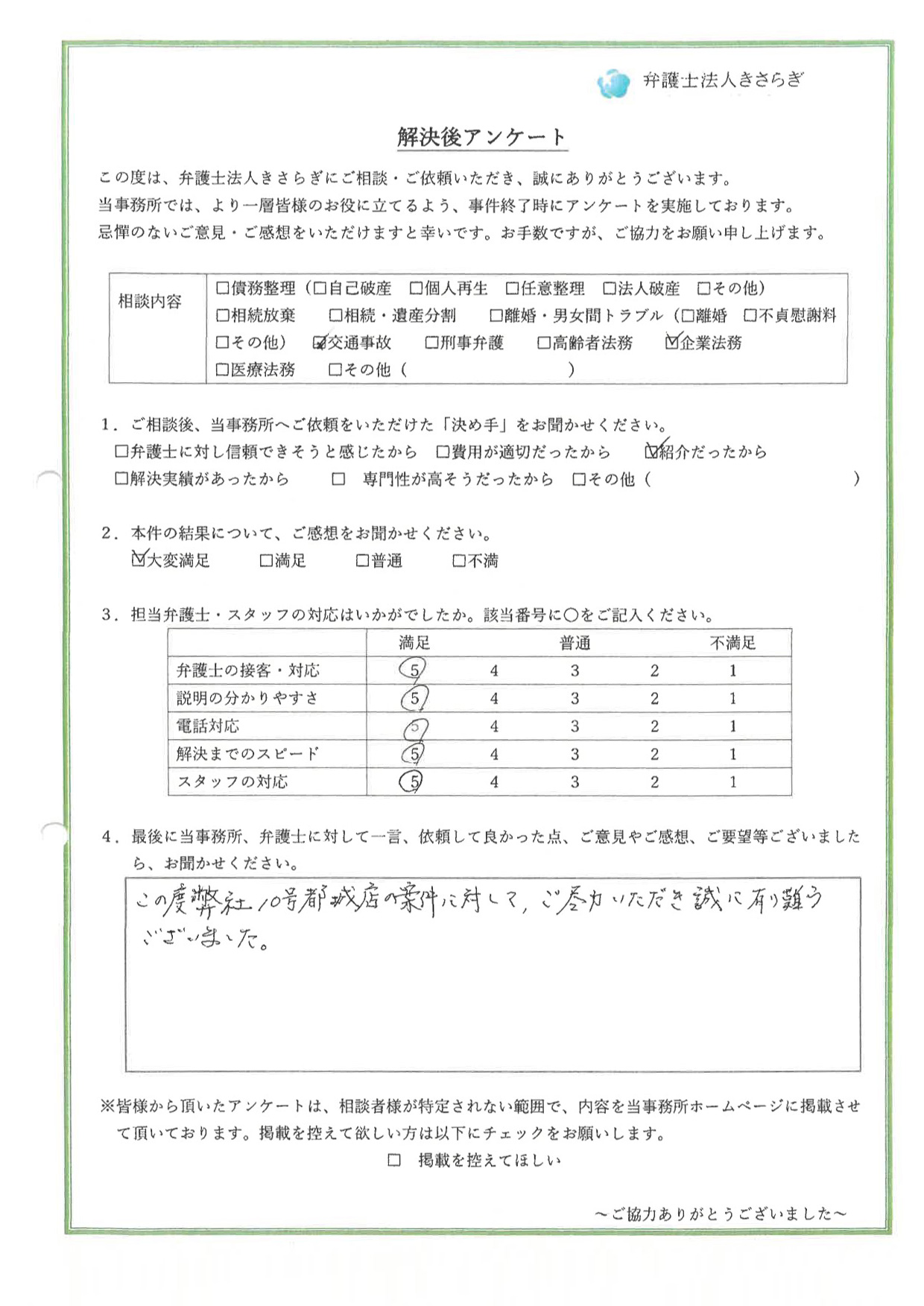 この度弊社10号都城店の案件に対して、ご尽力いただき誠に有り難うございました