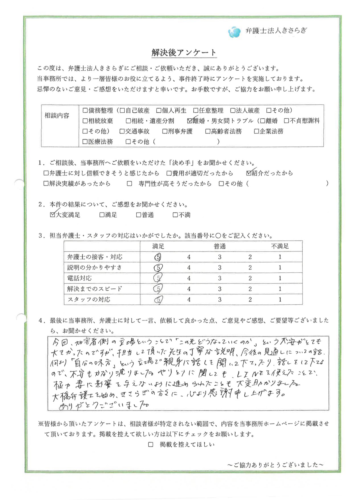 今回、加害者側の立場ということで「この先どうなっていうのか」という不安がとても大きかったのですが、担当して頂いた先生の丁寧な説明、今後の見通しについての話、何より「自分の味方」という立場で親身に話しを聞いて下さったり、話しをして下さるので、不安もかなり減りました。やりとりに関しても、LINEを使えたことで、極力妻に影響を与えないように進められたことも大変助かりました。大橋弁護士を始め、きさらぎの方々に、心より感謝申し上げます。ありがとうございました