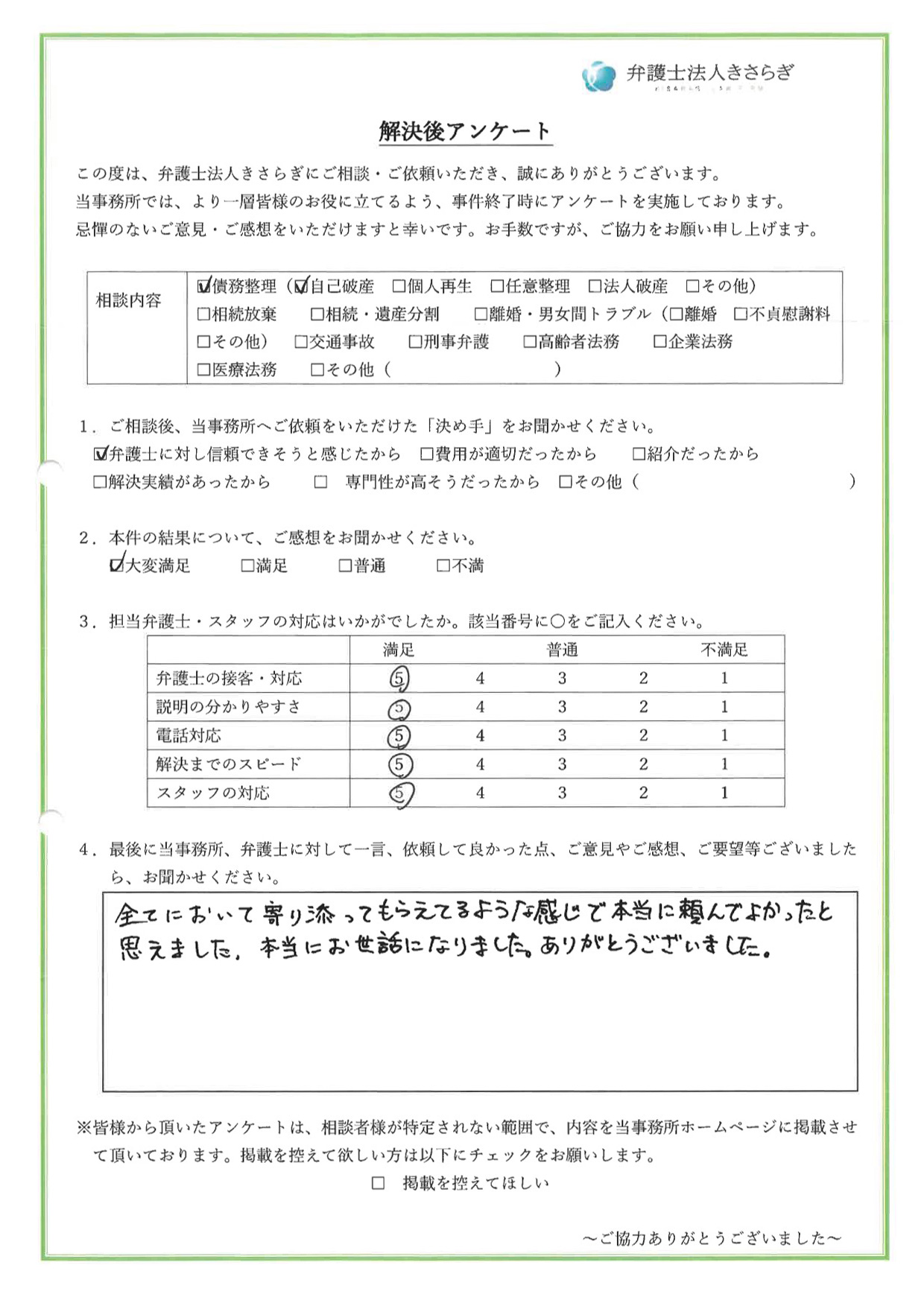 全てにおいて寄り添ってもらえてるような感じで本当に頼んでよかったと思えました。本当にお世話になりました。ありがとうございました