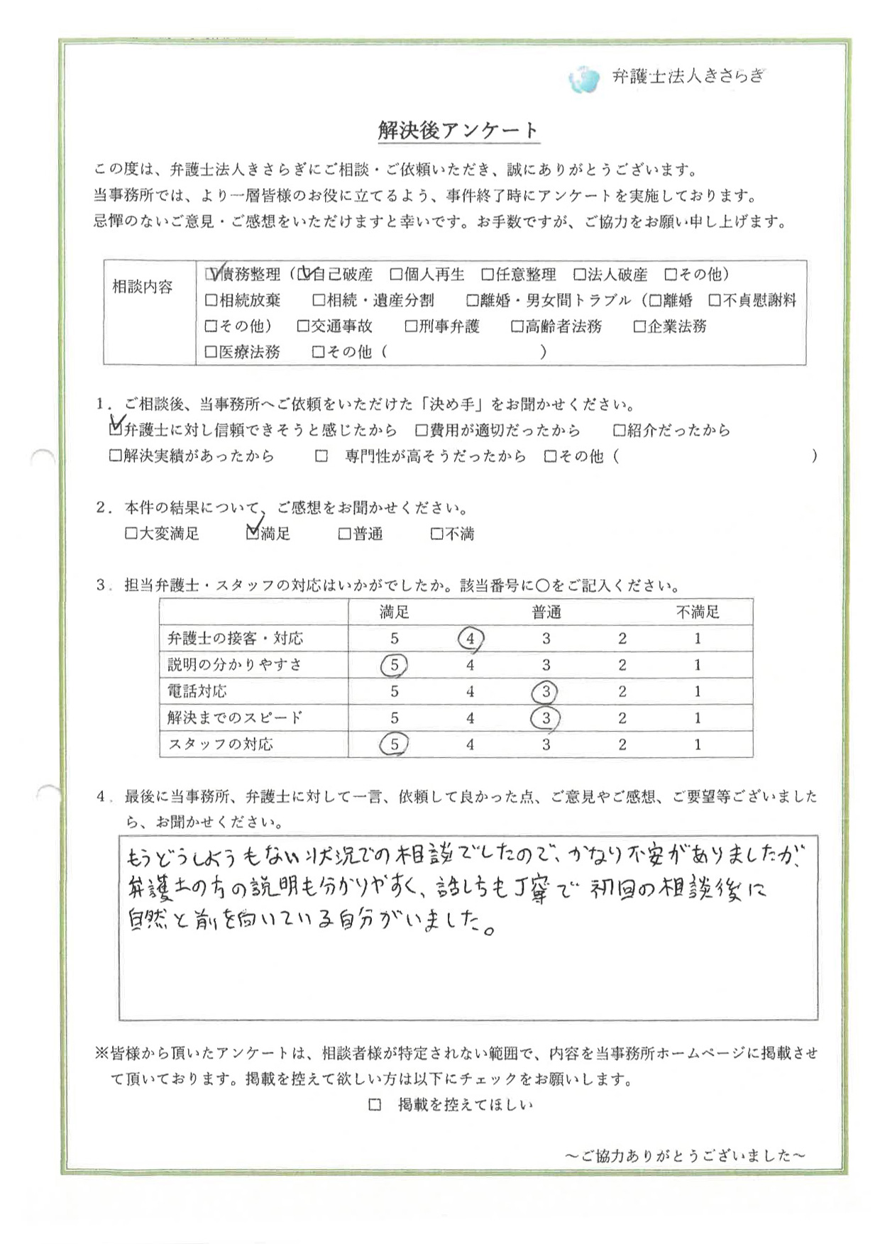 もうどうしようもない状況での相談でしたので、かなり不安がありましたが、弁護士の方の説明も分かりやすく、話し方も丁寧で、初回の相談後に自然と前を向いている自分がいました