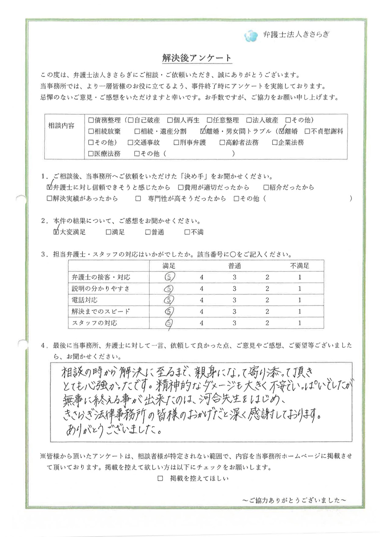 相談の時から解決に至るまで、親身になって寄り添って頂き、とても心強かったです。精神的なダメージも大きく不安でいっぱいでしたが、無事に終える事が出来たのは、河合先生をはじめ、きさらぎ法律事務所の皆様のおかげだと深く感謝しております。ありがとうございました