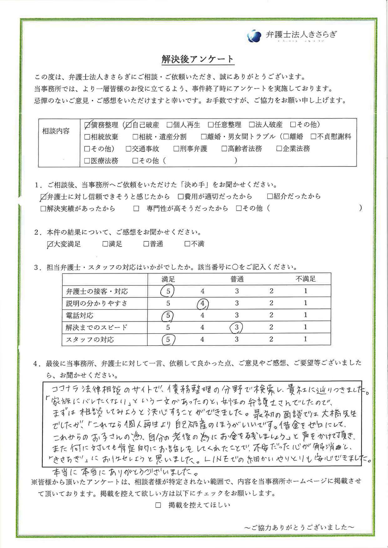 最初の面談で「これなら個人再生より自己破産のほうがいいです。借金をゼロにして、これからのお子さんの為、自分の老後の為にお金を残しましょう」と声をかけて頂き、また何に対しても肯定的にお話しをしてくれたことで、不安だった心が解消し、「きさらぎ」にお任せしようと思いました。LINEでの細かいやりとりも安心できました。本当に本当にありがとうございました