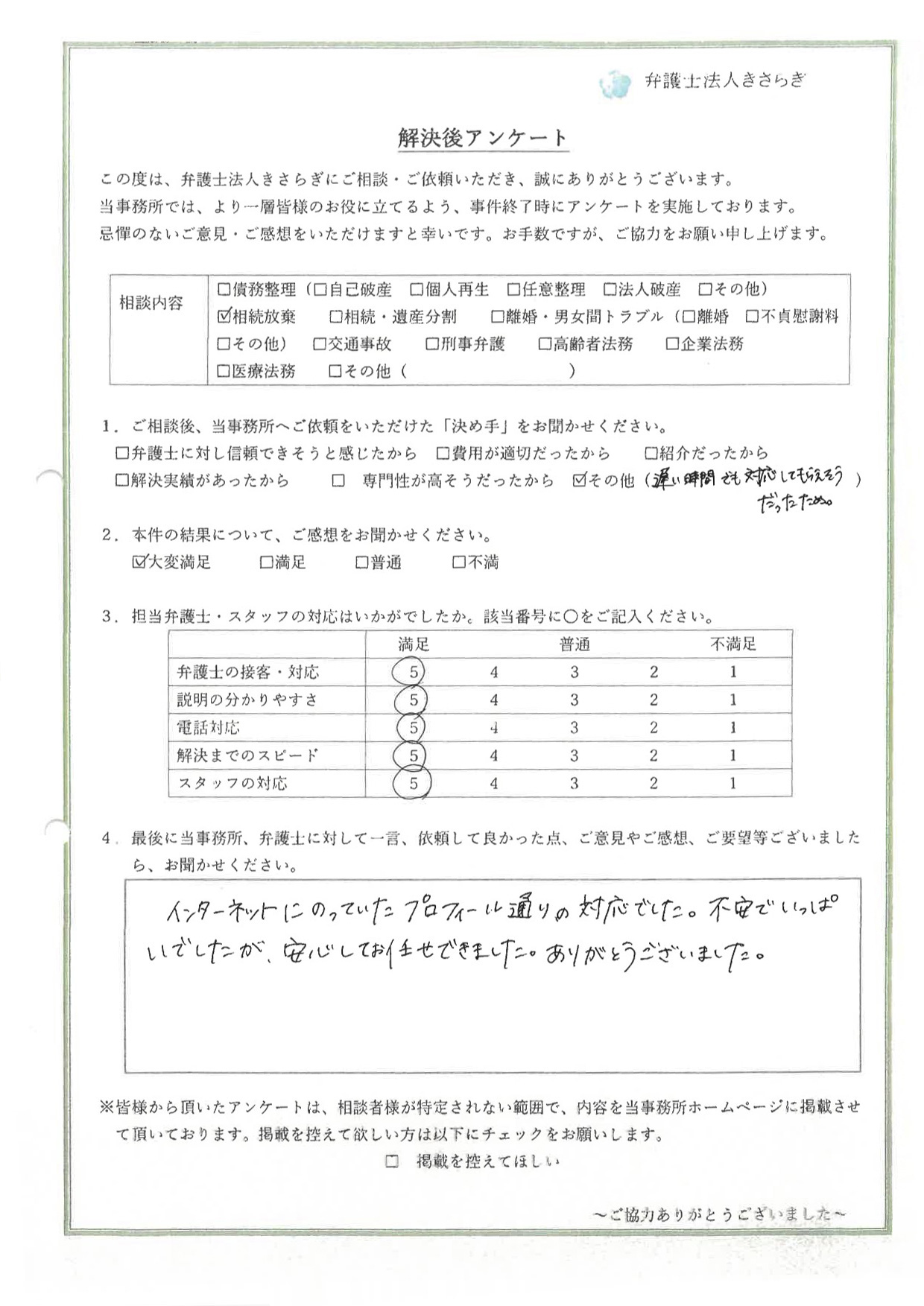 インターネットにのっていたプロフィール通りの対応でした。不安でいっぱいでしたが、安心してお任せできました。ありがとうございました
